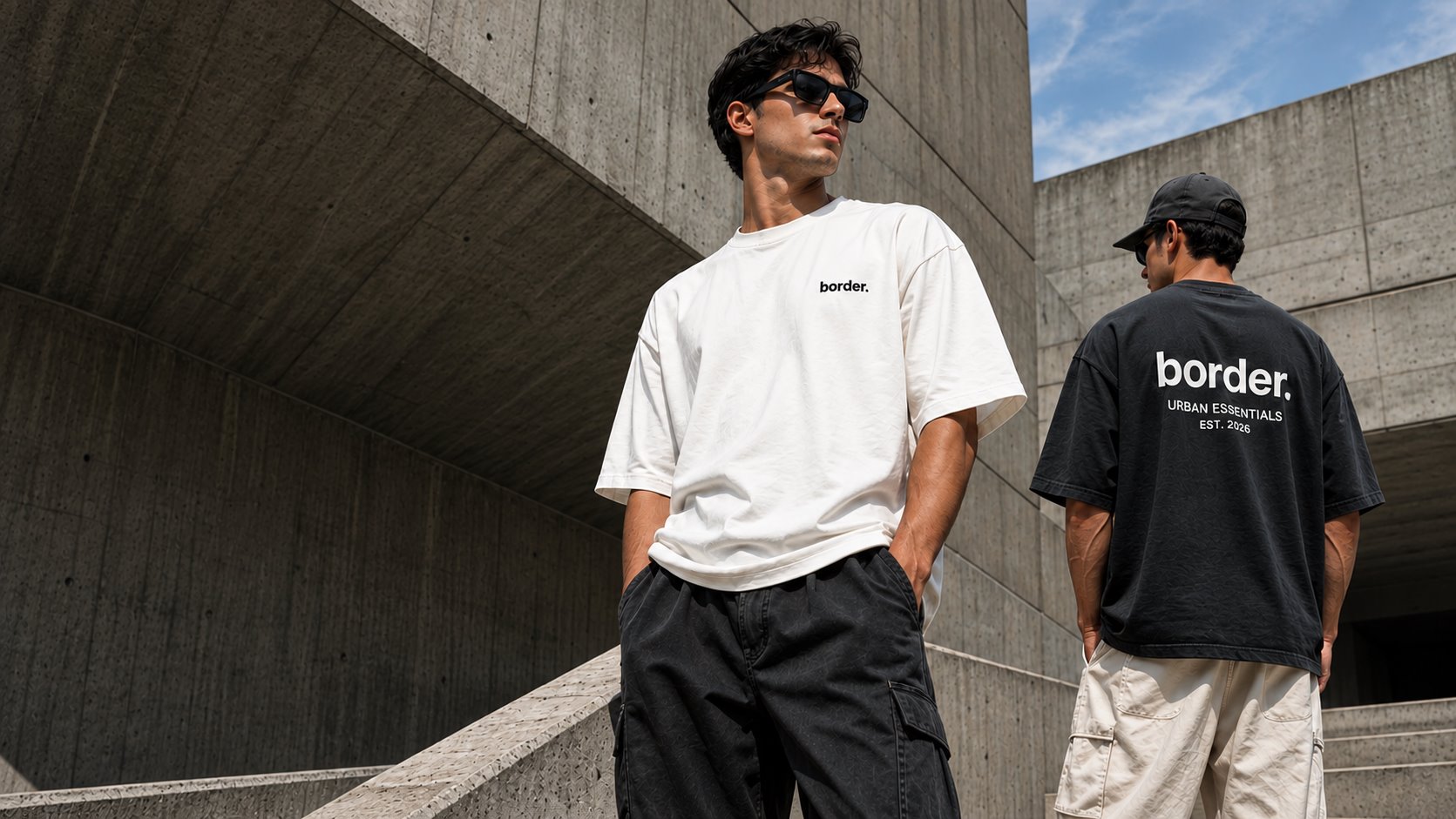 Dos chicos con remeras oversize border. en un entorno urbano de hormigón